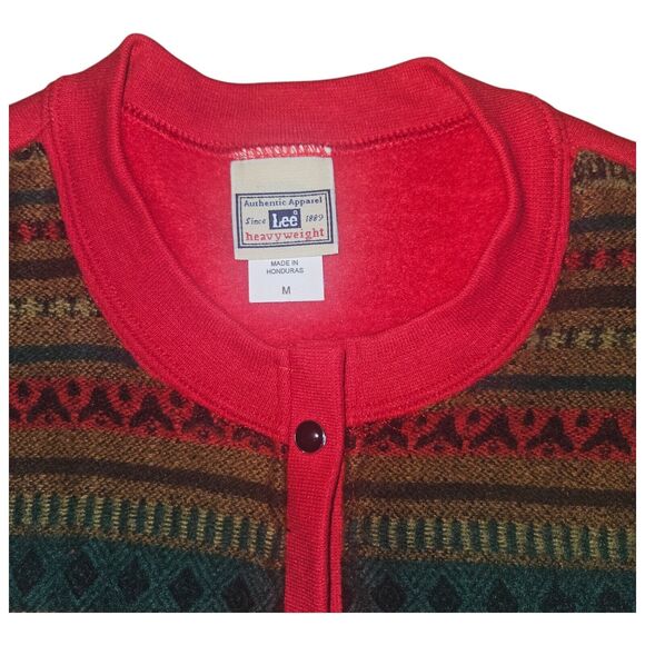 Vintage Lee Heavyweight Pearl Snap Fleece Cardigan Southwest Red Size M - Picture 3 of 10